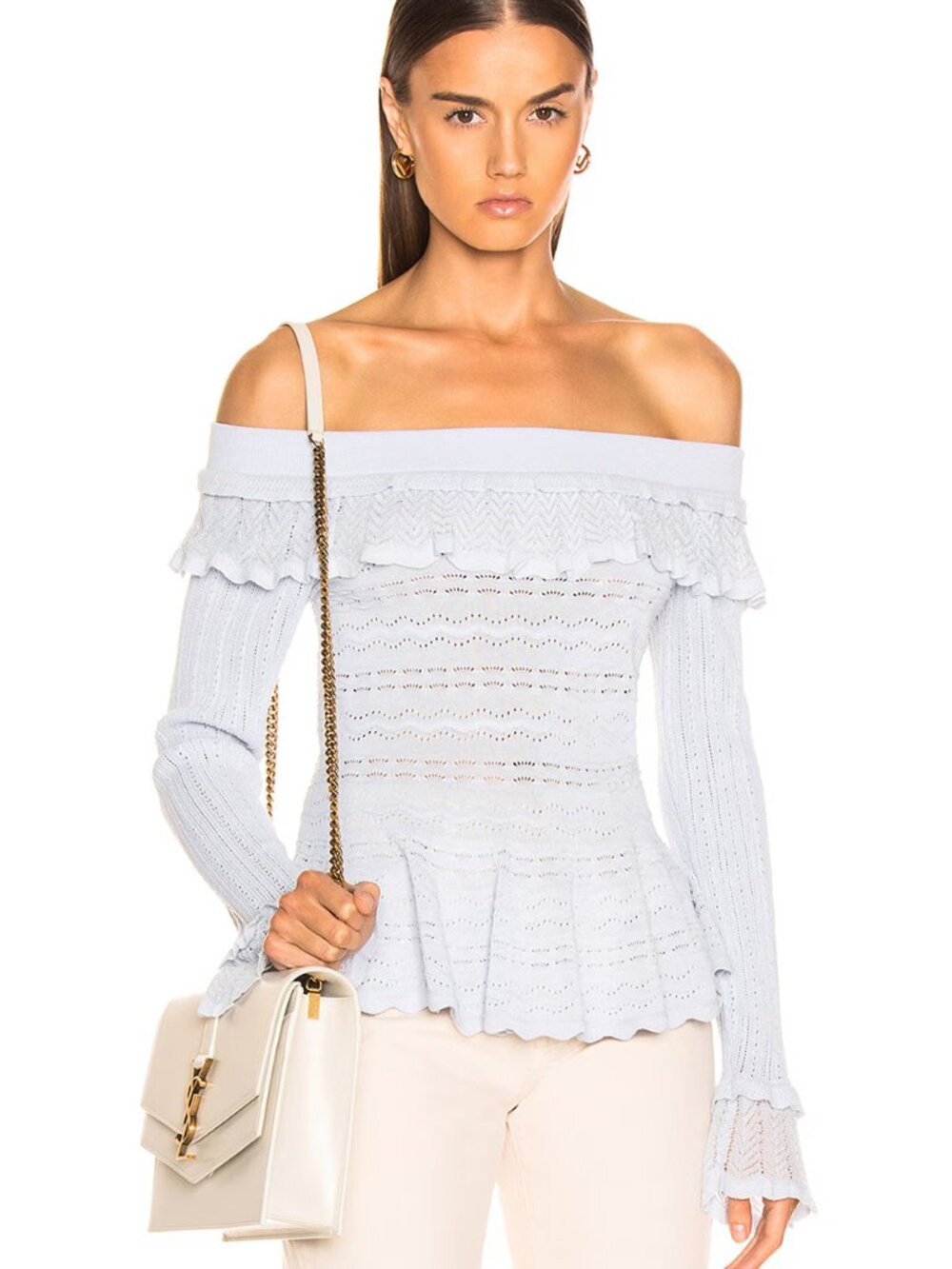 NWT $700 Jonathan Simkhai Light Blue Lacey Applique Off Shoulder Blouse & Skirt